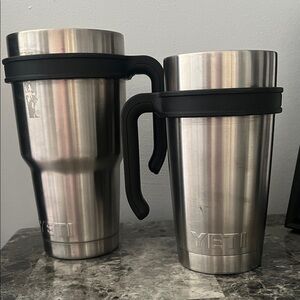 Set of 2 - YETI Silver Travel Mugs with lids & Black Handles - virtually new!!